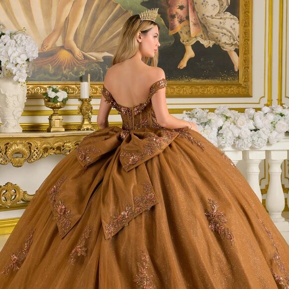 New Brown Beaded Quinceanera Tulle Dress w/ Layered Skirt & Back Bow GL3811 - Picture 10 of 15